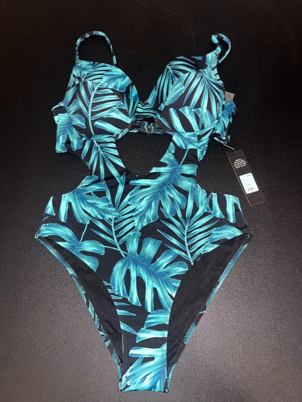 Fashion Nova Tropical Cutout One Piece Swimsuit Blue Black Size L NWT
